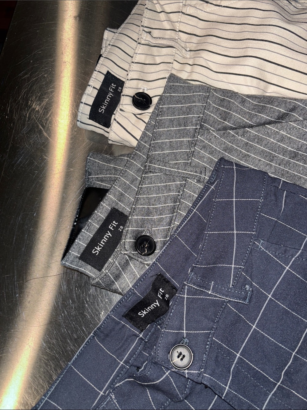Skinny Fit Men's Navy, Gray & Cream Windowpane and Pinstripe Dress Pants Trio - Picture 3 of 4